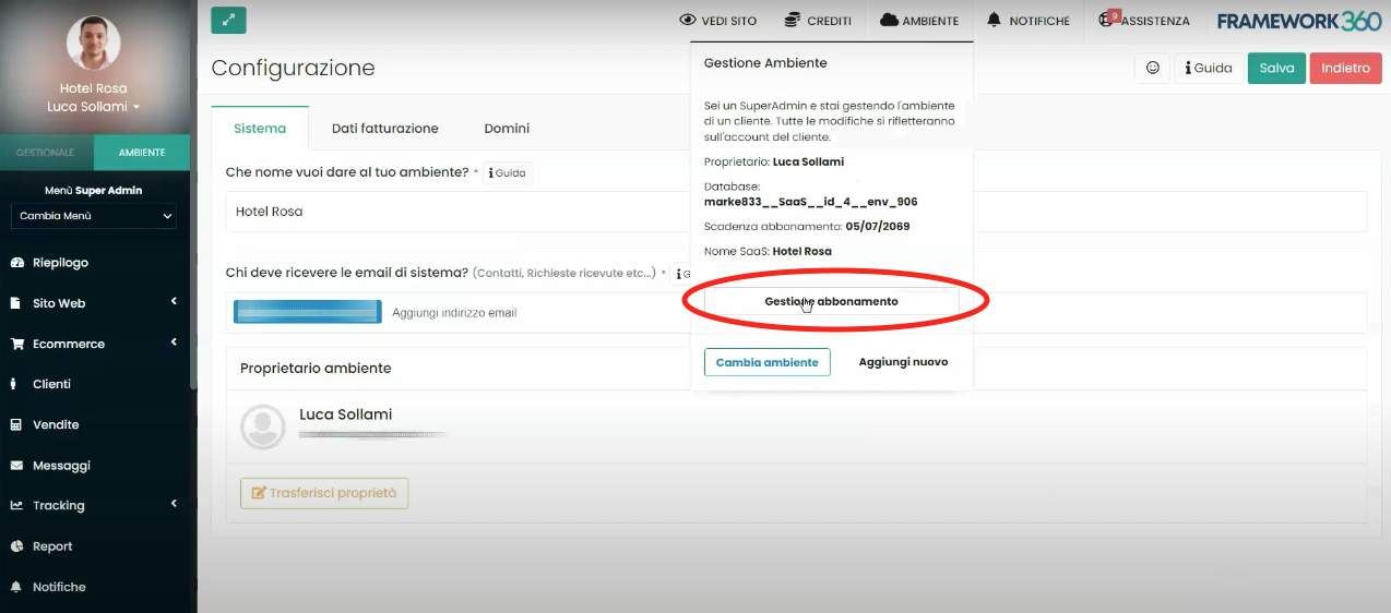 Schermata Framework360 - Impostare i dati di fatturazione dell'ambiente