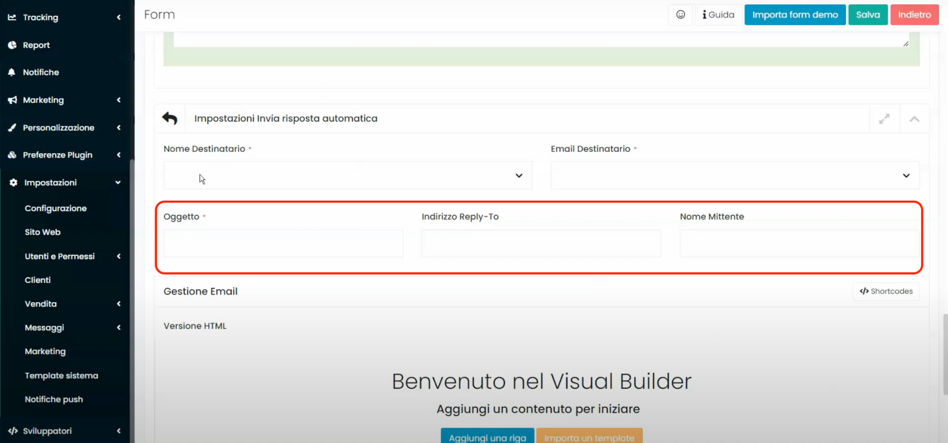 Schermata Framework360 - Inviare un'email automatica ad un visitatore che compila un form