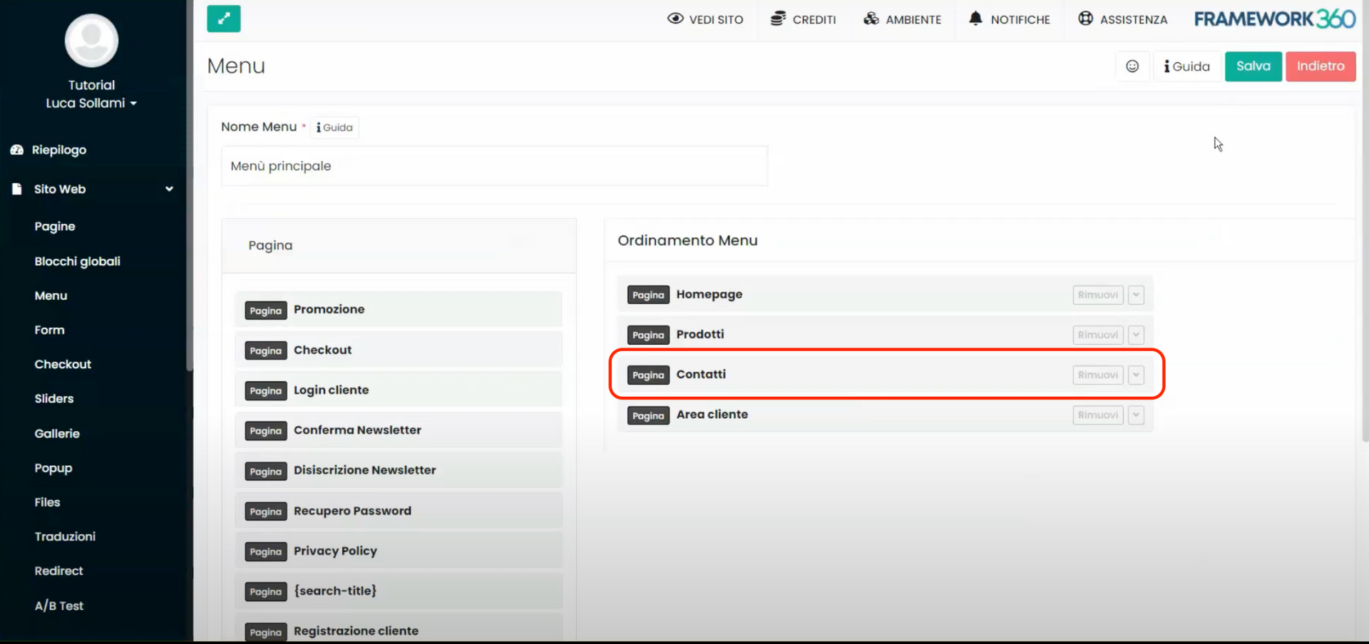 Schermata Framework360 - Inviare un'email automatica ad un visitatore che compila un form