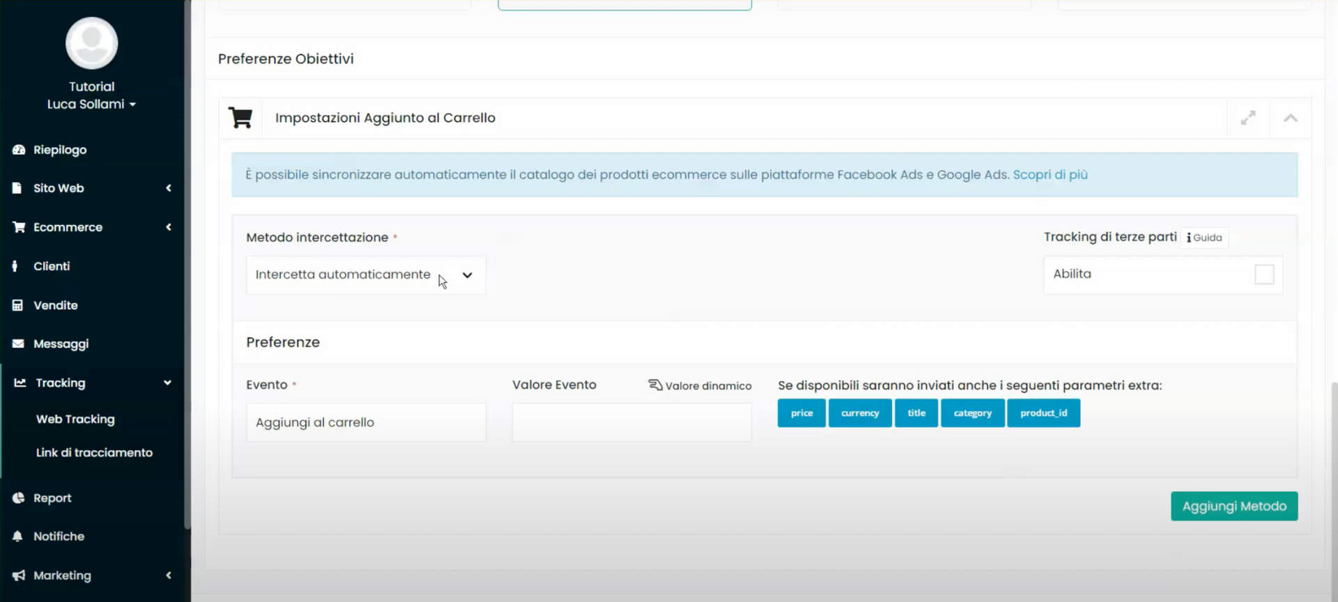 Schermata Framework360 - Tracciare l’aggiunta al carrello sul sito ecommerce