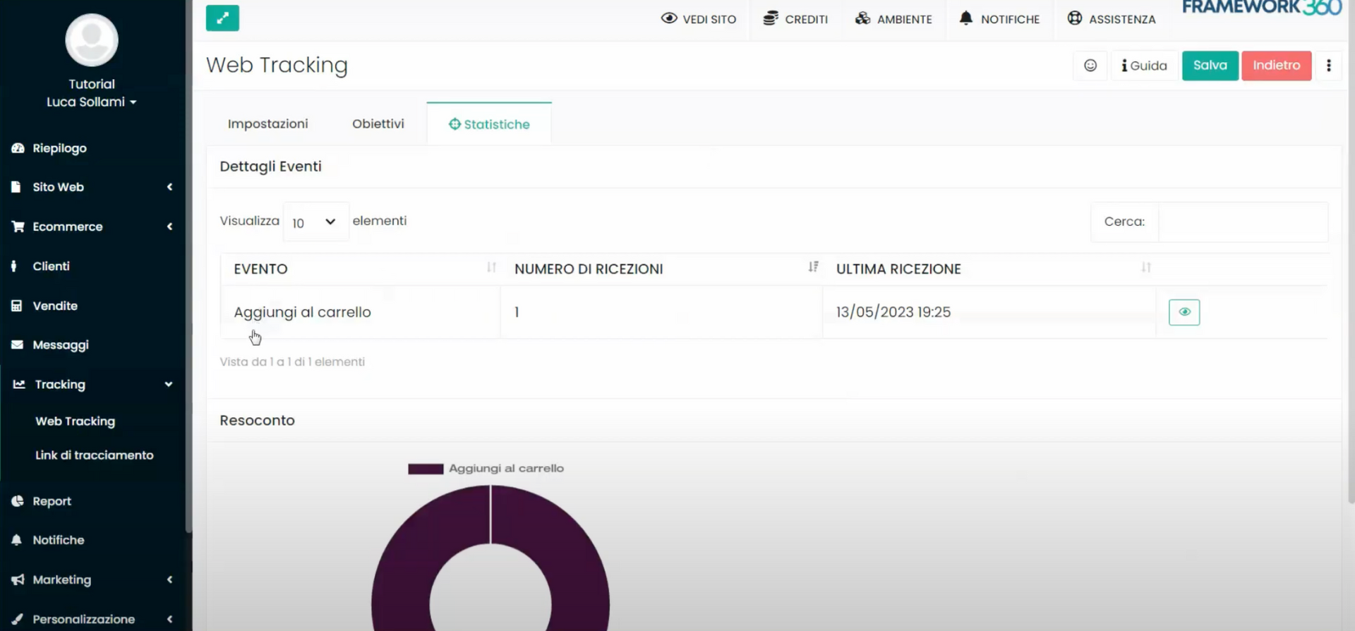 Schermata Framework360 - Tracciare l’aggiunta al carrello sul sito ecommerce