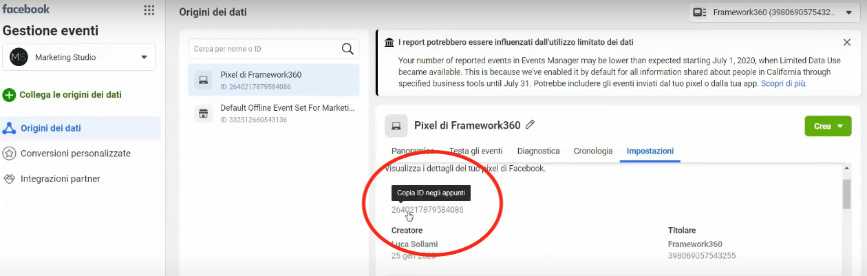 Schermata Framework360 - Aggiungere pixel di Facebook