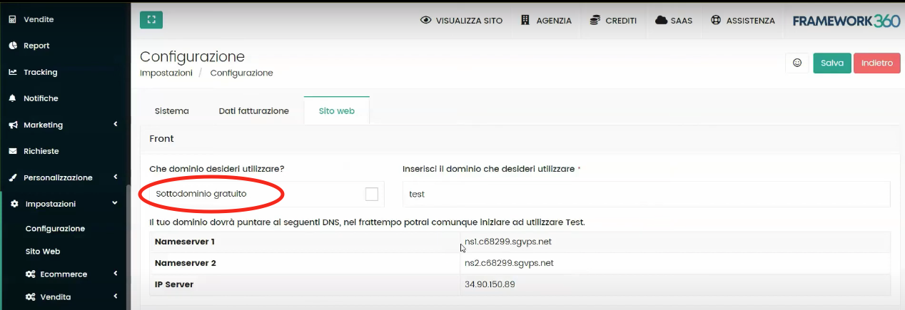 Schermata Framework360 - Configurazione dominio