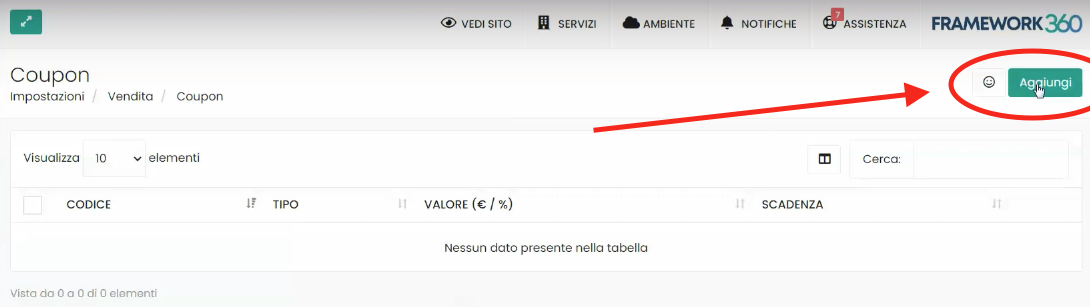 Schermata Framework360 - Creare coupon di sconto