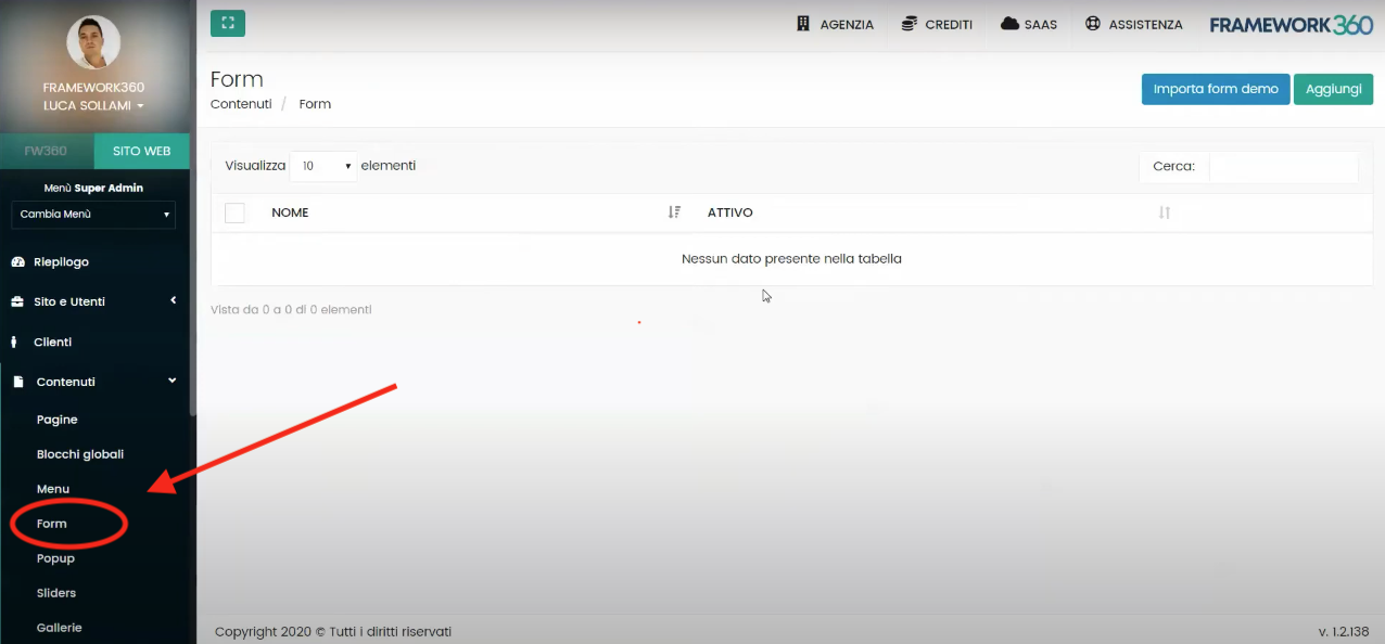 Schermata Framework360 - Inviare un'email automatica ad un visitatore che compila un form