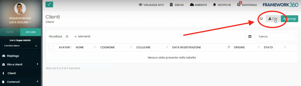 Bildschirm Framework360 - Kunden über CSV importieren