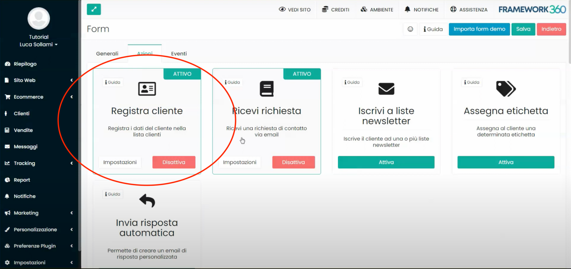 Schermata Framework360 - Inviare un'email automatica ad un visitatore che compila un form