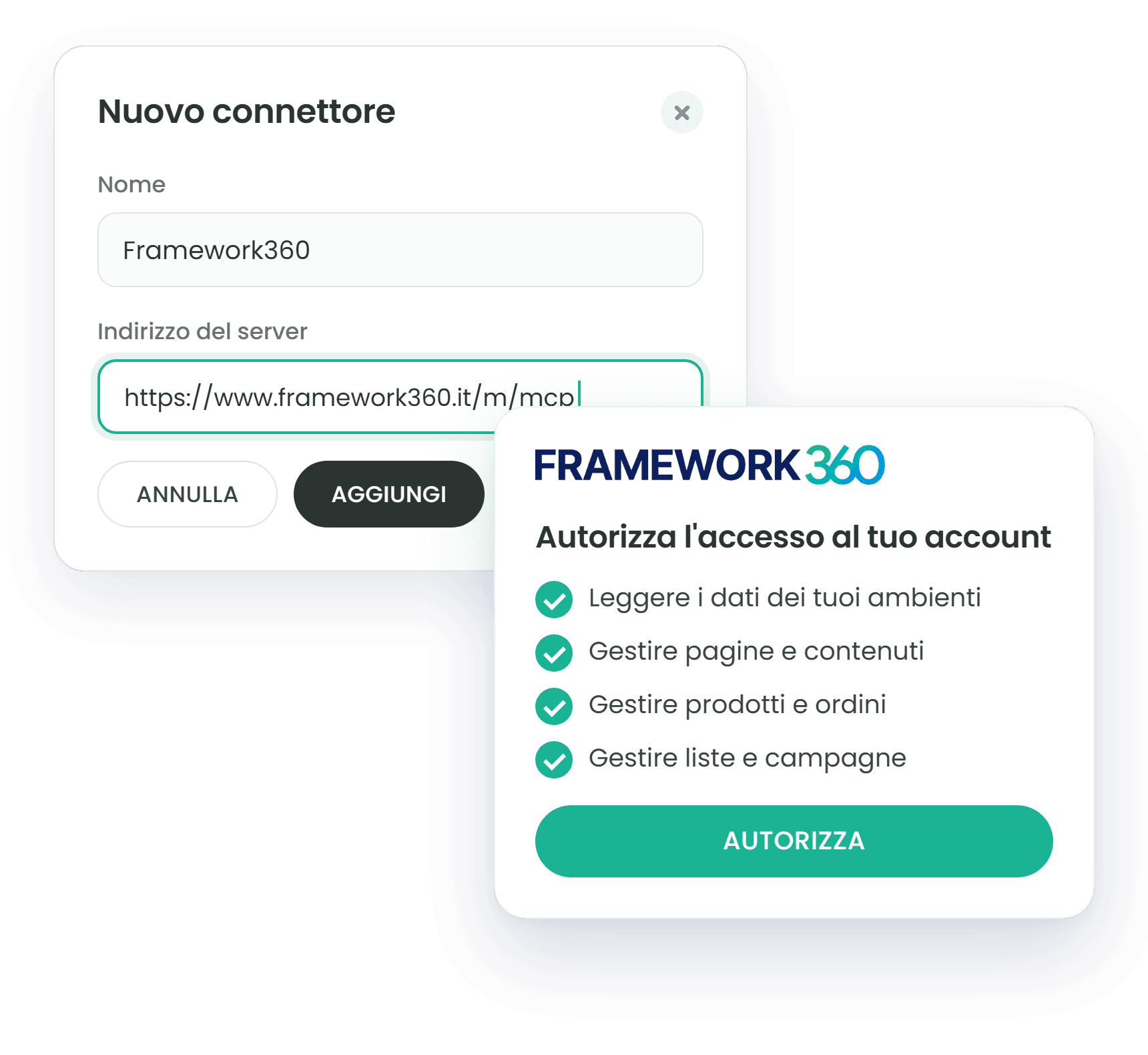 Collegamento del connettore MCP e autorizzazione con l'account Framework360