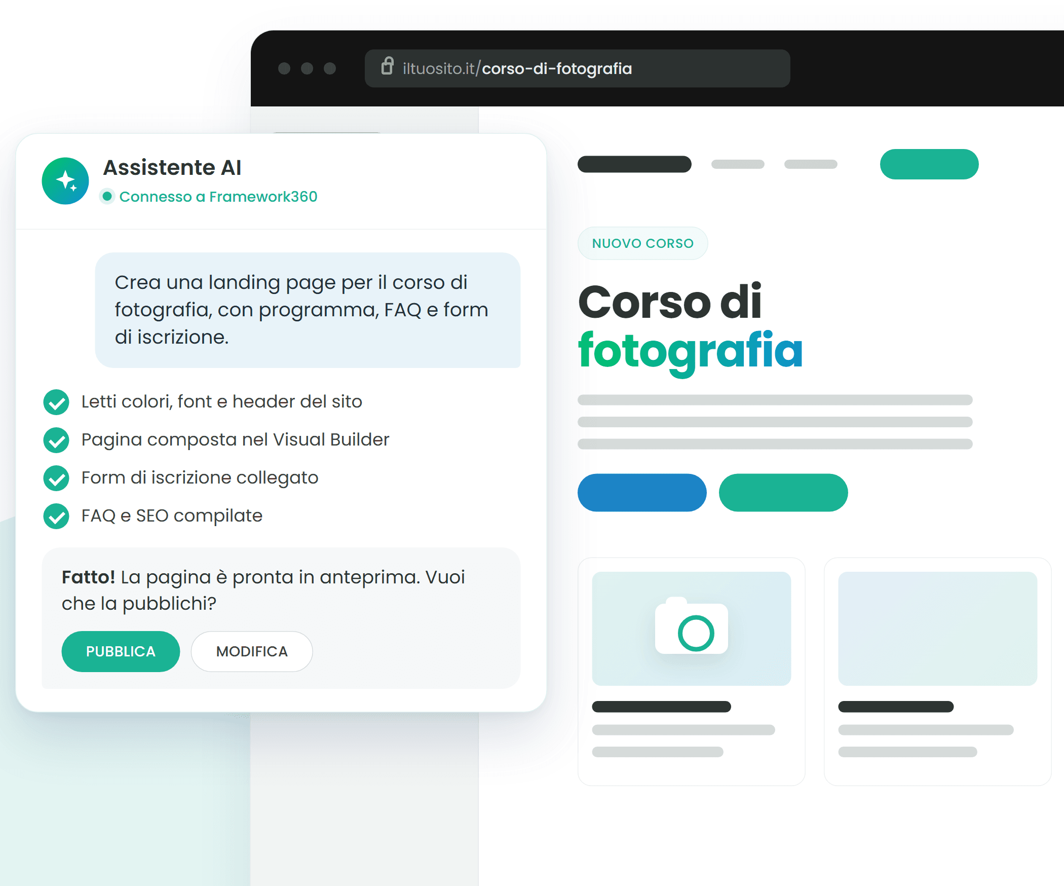 Assistente AI collegato a Framework360 che crea una landing page