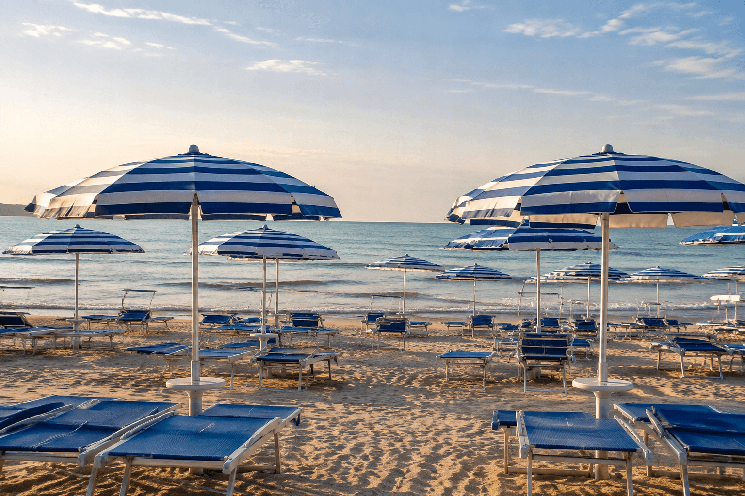 Ombrelloni e lettini sulla spiaggia al mattino