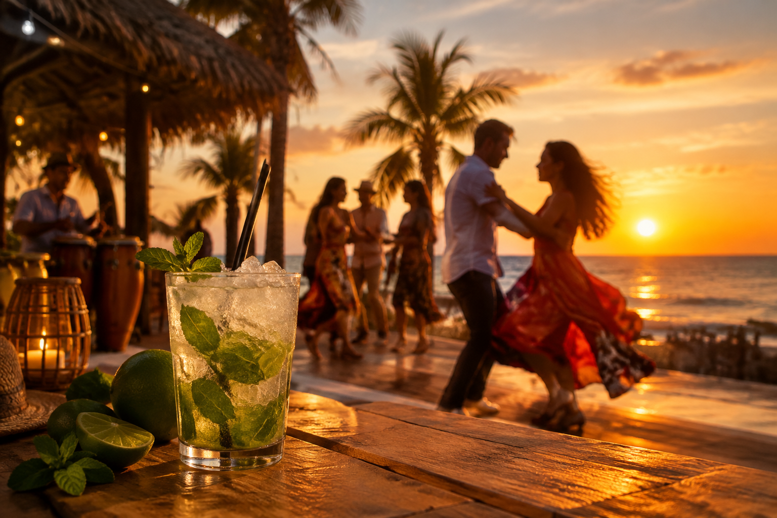 Serata a tema sulla spiaggia al tramonto